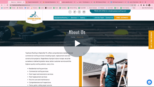 Welcome to TopDown Roofing in Nashville, TN

Watch our welcome video by clicking the play button below.

Contact Us Today

Services We Offer:
- Roofing
- Inspections
- Repairs

Our team is ready to assist you with all your roofing needs. For a thorough assessment of your website's performance, connect with us now. 

[Image of a dedicated worker on the right enhancing our commitment]
