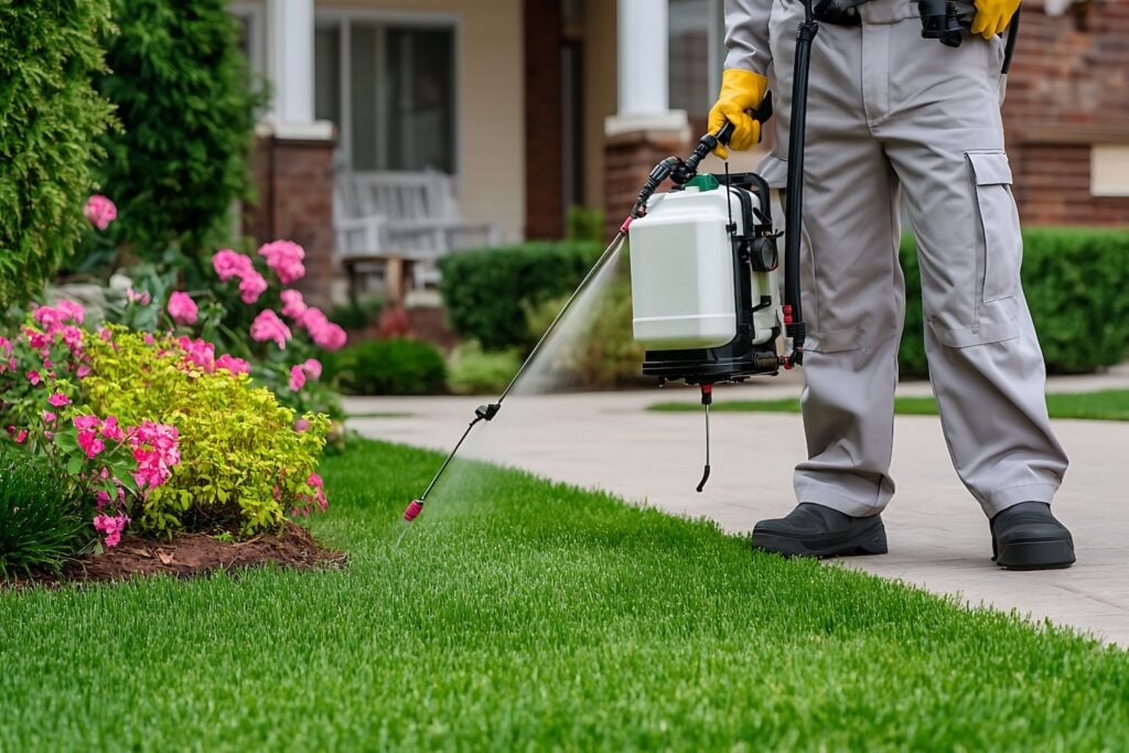 A trained professional in protective gear uses a backpack sprayer to apply pest control treatments and fertilizers, ensuring a healthy, green lawn and vibrant garden blooms.