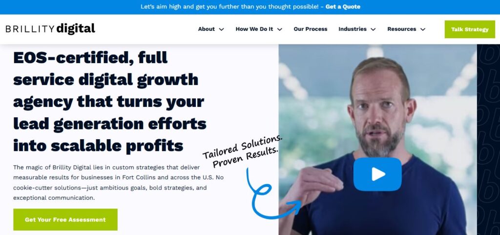 Homepage features bold digital growth messaging, Lead Generation Services, free assessment CTA, man in blue shirt, and hand-drawn arrow.