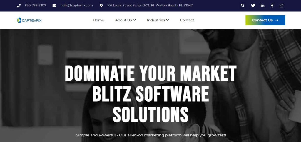 Screenshot of Captivpik homepage on Hook Agency’s site with contact info, menu, bold “Dominate Your Market” headline, and Contact Us button.
