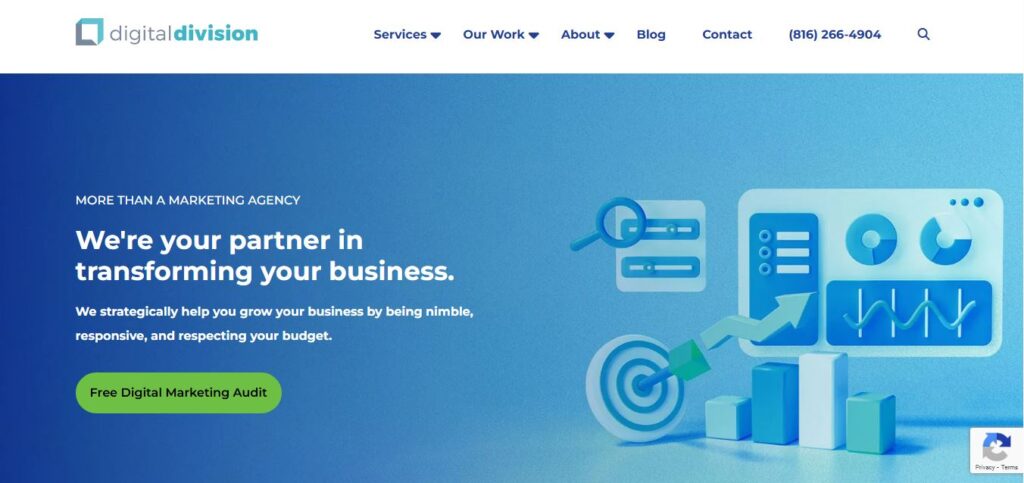 Hook Agency homepage with blue background, analytics graphics, and bold offer for foundation repair digital marketing audit.