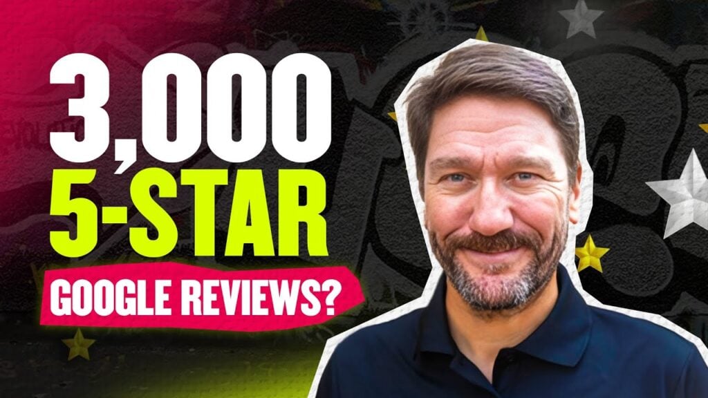 A bearded man stands confidently before a graffiti-style backdrop. Bold, highlighted text proclaims, "3,000 5-STAR GOOGLE REVIEWS?" accented with vibrant colors and stars—powerfully signaling proven strategies to help contractors earn more Google reviews.