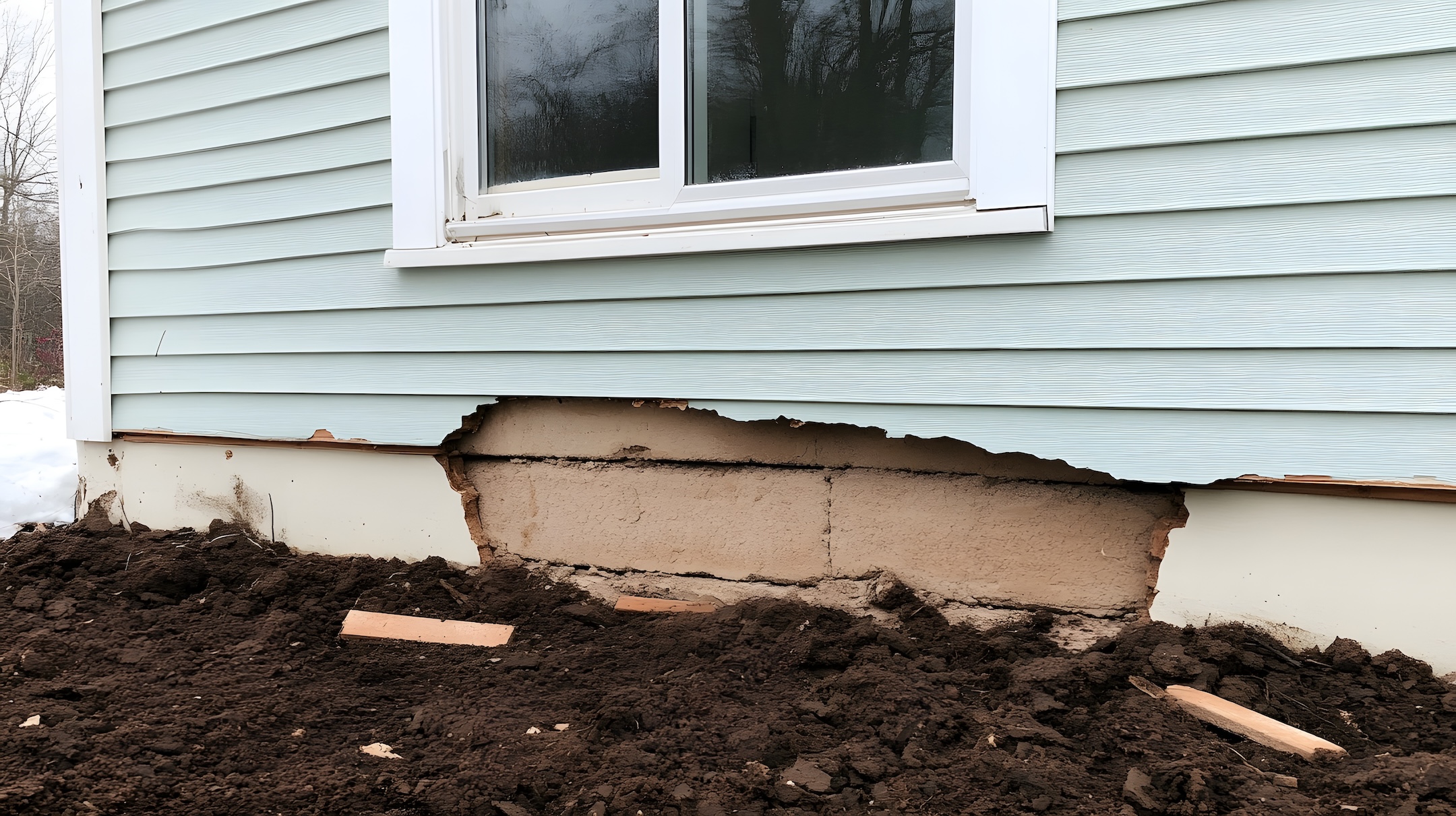 A home with damaged light blue siding reveals exposed foundation and insulation, making it a prime example for effective foundation repair marketing. The area beneath the window is littered with soil and wood debris, highlighting the urgency for professional repair services.