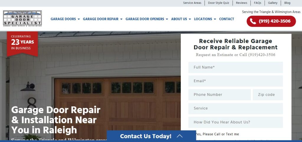 Screenshot of Hook Agency’s garage door repair site with wooden door, “23 Years in Business” badge, contact form, and call button.
