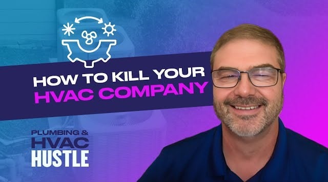 Smiling man with glasses before a purple-blue gradient. Text: "How to Kill Your HVAC Company", "Plumbing & HVAC Hustle". Gear and fan icons stress critical HVAC mistakes to avoid—featured on Hook Agency.