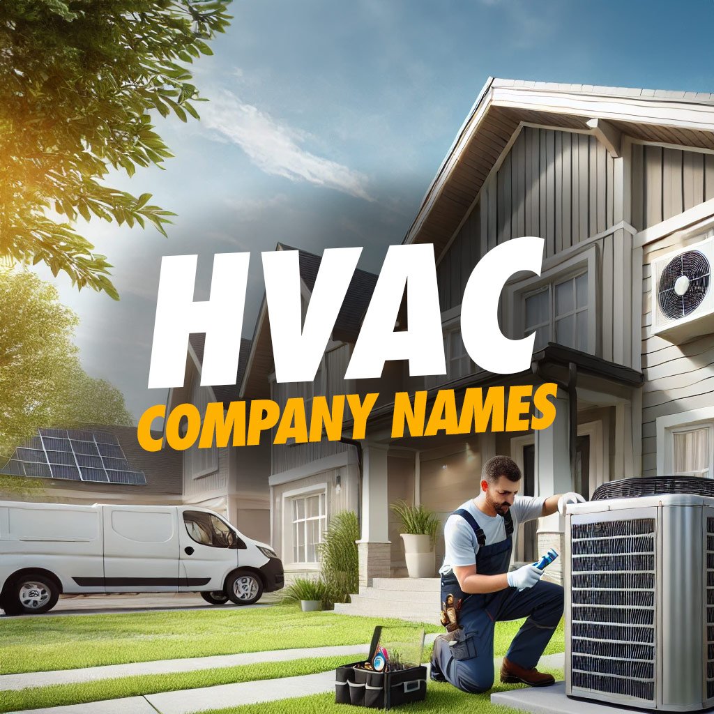 HVAC Company Name Ideas - An HVAC technician is shown kneeling beside a modern home's outdoor unit, equipped with solar panels. A work van stands by for the next assignment. The text prominently displays "Reliable HVAC Company Names," emphasizing innovation and sustainability on a bright, sunny day.