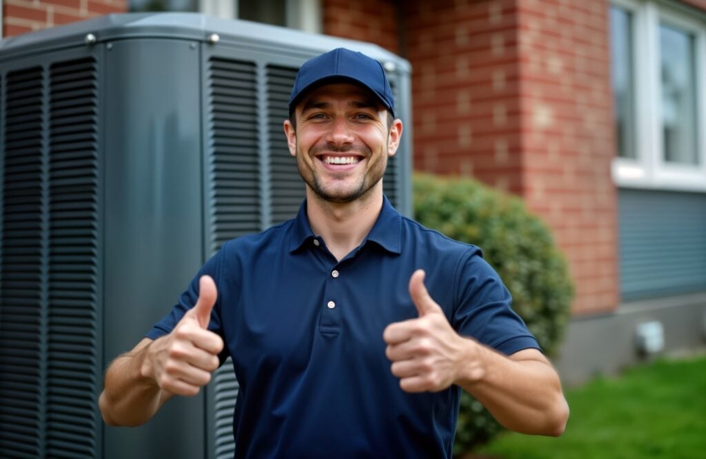 A professional HVAC technician, dressed in a navy blue uniform and cap, stands confidently beside an air conditioning unit outside a brick building. With two thumbs up, he’s ready to deliver expert HVAC maintenance plans—ensuring your comfort and peace of mind.