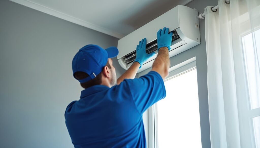 A technician in a blue uniform and gloves inspects a wall-mounted air conditioning unit—demonstrating the essential, revenue-driving services successful home service businesses provide.