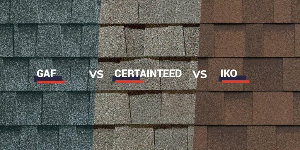 Comparison image: GAF gray, CERTAINTEED tan, and IKO Shingles 2025 brown roofing—each labeled with "vs" between brands.