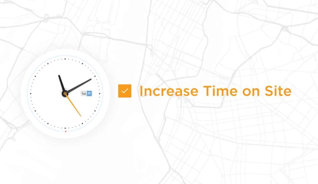 A map-themed background features a clock set to 10:10, accompanied by a checked checkbox and the text "Increase Time on Site" in orange, subtly hinting at effective On-page SEO strategies for 2024.