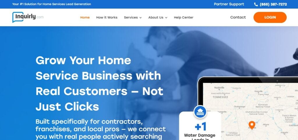 Screenshot of Inquirly.com homepage on Hook Agency, showcasing lead generation for home and tree services, with map and navigation.