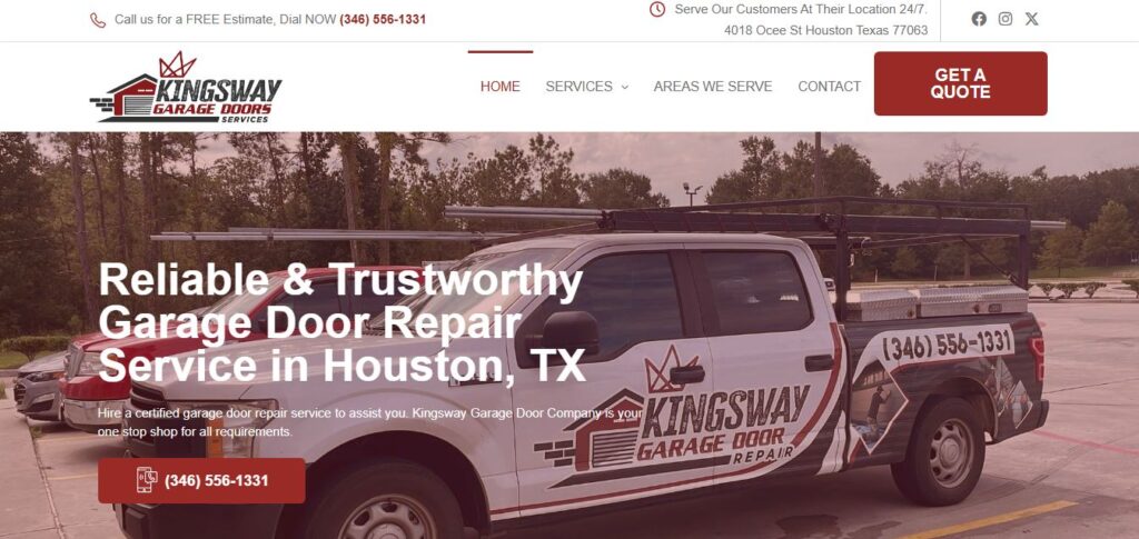 Kingsway Garage Door Services homepage on Hook Agency, showcasing branded van, Houston service area, and visible contact info.
