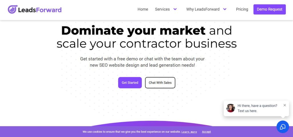 Hook Agency’s homepage displays “Dominate your market and scale your contractor business,” CTA buttons, chat, and tree leads menu.