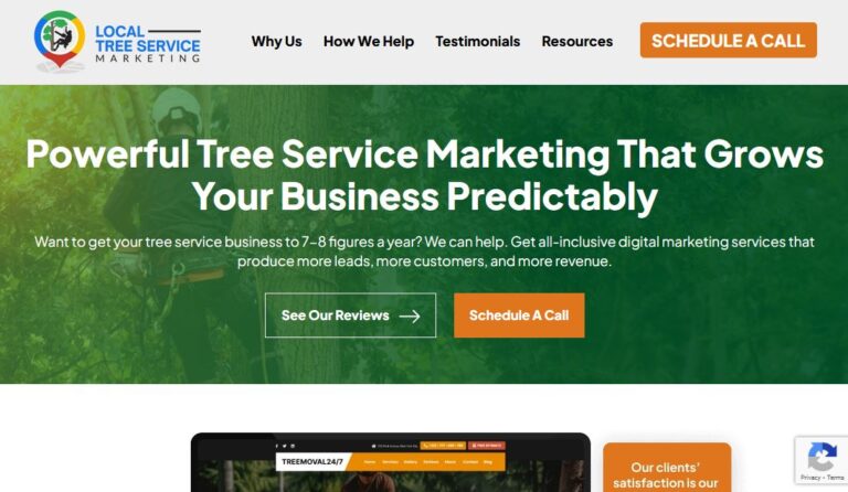 Screenshot of Hook Agency’s Local Tree Service Marketing page with green background, lead gen message, menu, and orange call button.