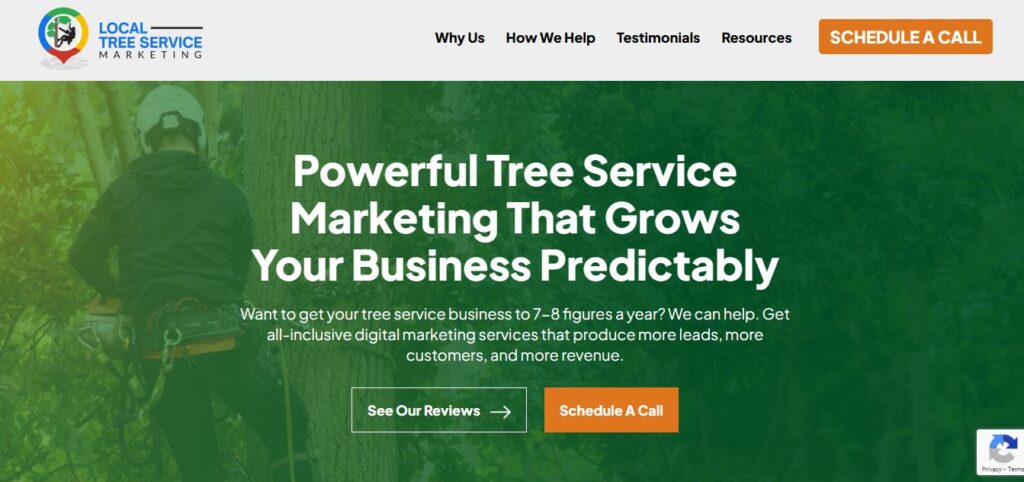 Hook Agency’s homepage shows a tree worker, bold “Grow Your Business in 2025” headline, reviews and call buttons, plus nav menu.