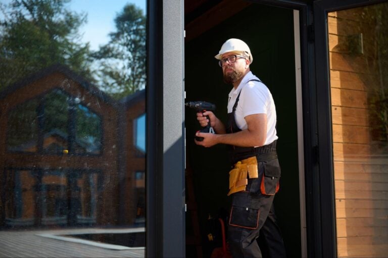 Construction worker in white hard hat and tool belt holds cordless drill in doorway; ideal image for window and door company marketing.