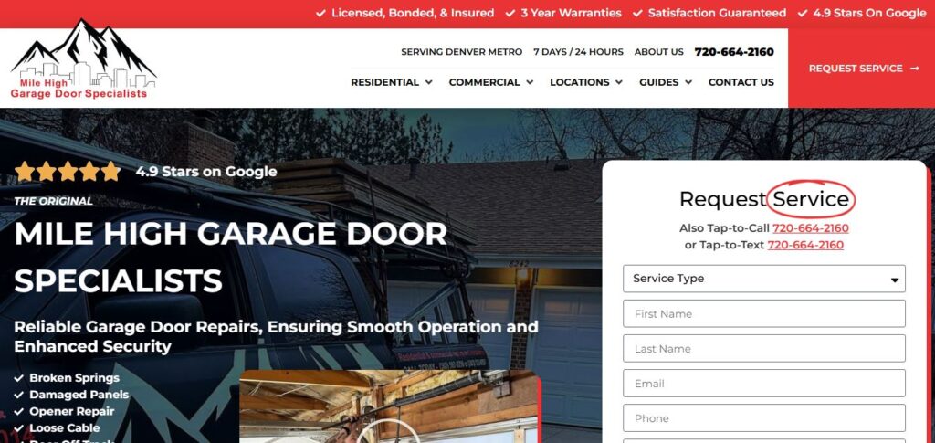Mile High Garage Door Specialists website on Hook Agency: service form, contact info, repairs, work truck tools, 4.9-star reviews.
