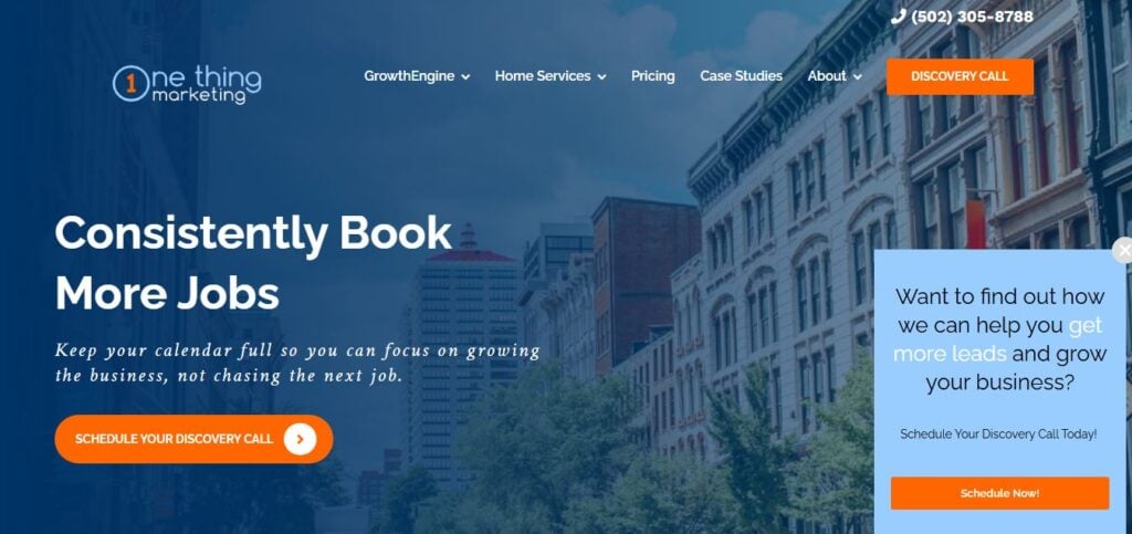 Screenshot of Hook Agency site with “Consistently Book More Jobs” headline, discovery call option, and lead generation pop-up.