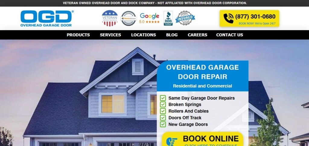 Screenshot of a leading U.S. garage door site on Hook Agency: company logo, contact, service list, certifications, “Book Online” button.