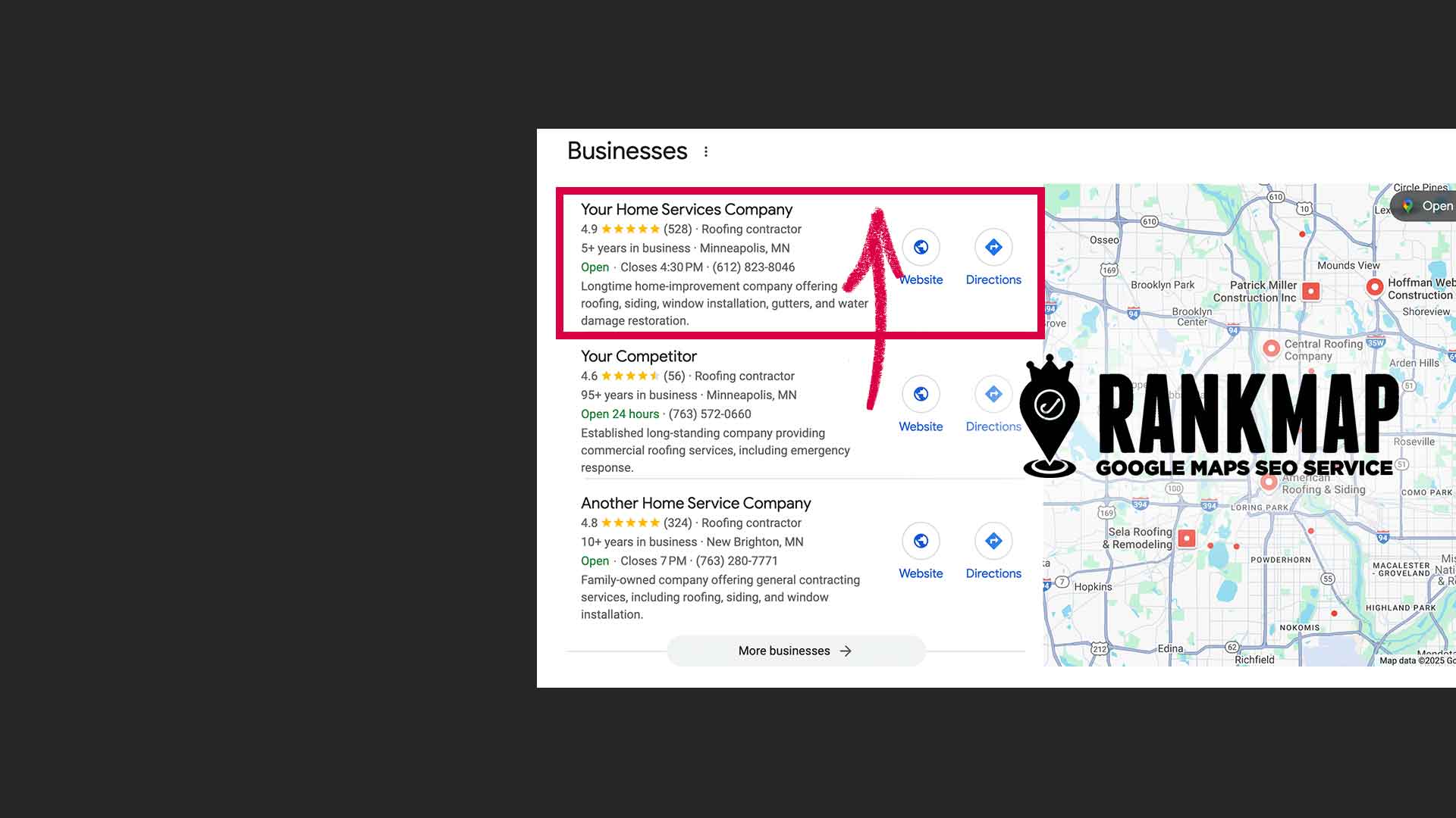 **Graphic Description:** Display featuring a Google Maps search result with "Your Home Services Company" prominently highlighted. Showcased are 5-star reviews and business hours, emphasizing the business's standout visibility. An arrow further highlights its prominence. Adjacent to this is a partial map alongside the "RankMap Google Maps SEO Service" logo.

.