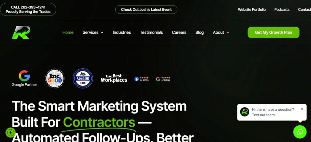 Screenshot of Hook Agency’s homepage: contractor marketing system, trust badges, menus, green “Get My Growth Plan” button for garage door SEO.