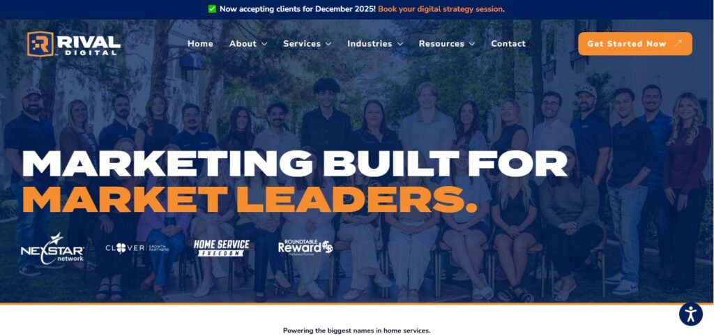 Group in front of building with "Marketing Built for Market Leaders" text; Hook Agency branding, menu, and web design focus shown.