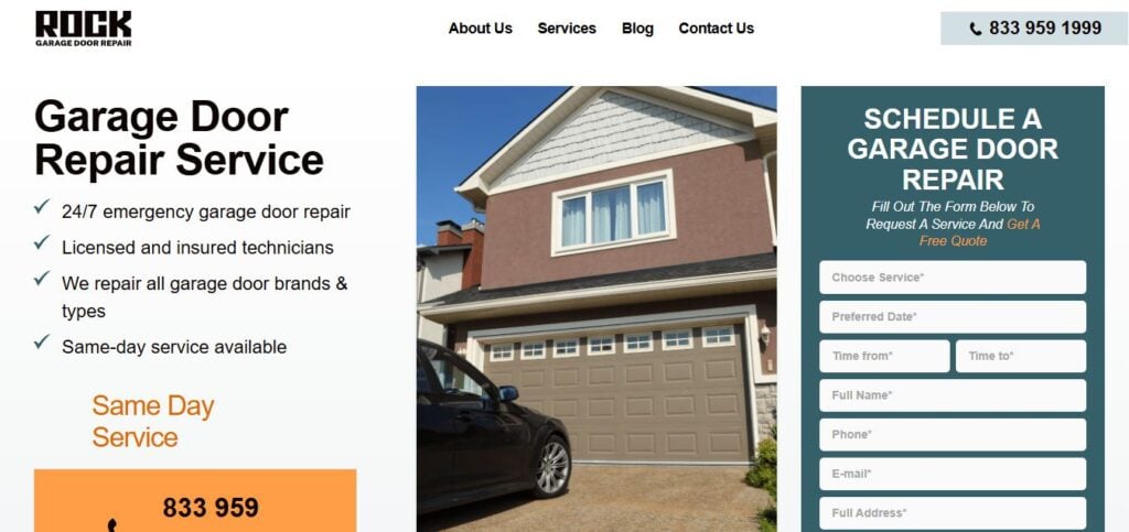 Hook Agency’s garage door repair site: house and garage banner, services, contact form, phone, and same-day repair request options.