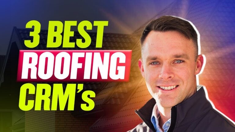 Man in dark jacket smiles before a stylized roof; bold text states "3 BEST PROLINE ROOFING CRM's," with "ROOFING" in red.