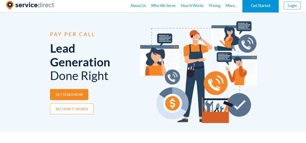 People network with dollar signs and graphs. "PAY PER CALL Lead Generation Done Right." Buttons: "GET LEADS NOW," "SEE HOW IT WORKS.