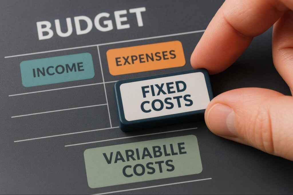 A hand adds a "FIXED COSTS" block to a budget chart—key for contractors planning smart marketing with limited funds.