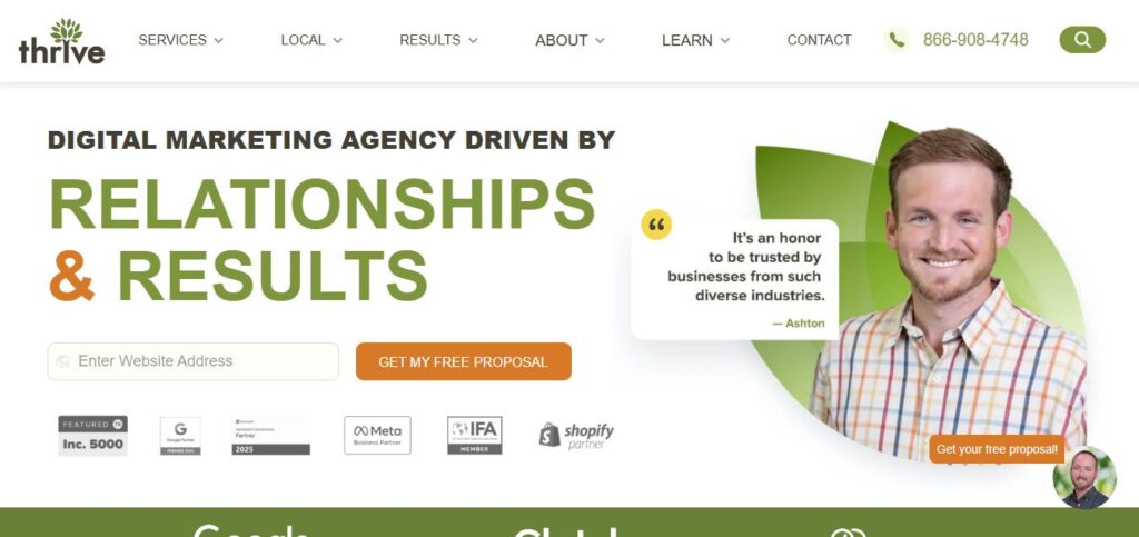 Hook Agency homepage shows a smiling man, a trust quote, partner logos, and website form. See why we top 2025 SEO agency guides.