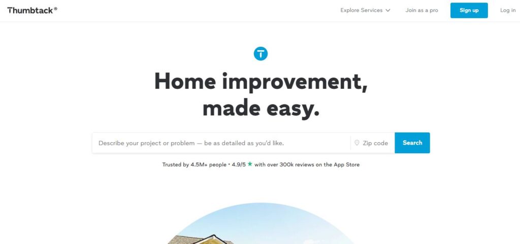 Thumbtack homepage: "Home improvement, made easy." Search bar for services. "Sign up" and "Log in" top right. Hook Agency site.
