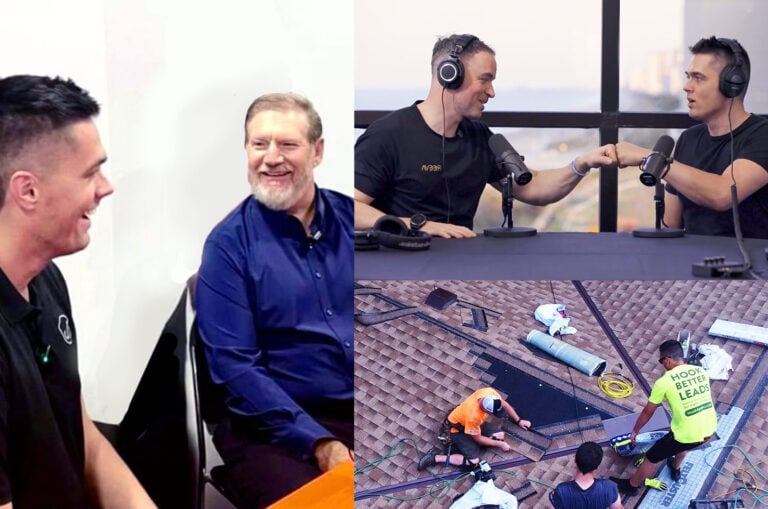 On the left, two men including Ken Goodrich of Goettl and Tim Brown are having a conversation indoors smiling. Top right shows Tim Brown, Hook Agency founder, fist-bumping with Martin Pettigrew while recording a podcast. Bottom right features workers installing shingles on a roof. Showing Tim Brown's integration with HVAC and Roofing industry leaders