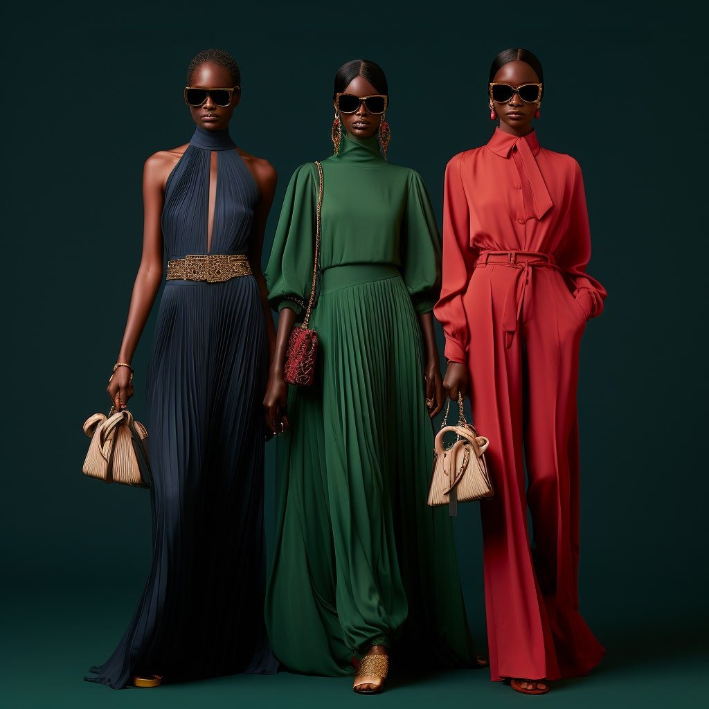 Against a dark backdrop, three stylish individuals pose with confidence, each donning sunglasses and elegant 2024 attire in navy blue, green, and red. They hold designer handbags that complement the chic color palette, epitomizing modern sophistication.