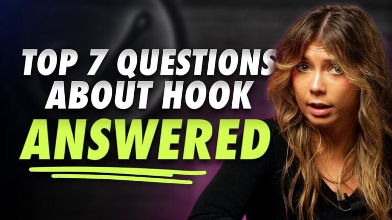 A woman with long brown hair sits before a dark backdrop beside bold text listing the top 7 Hook Agency questions and answers.