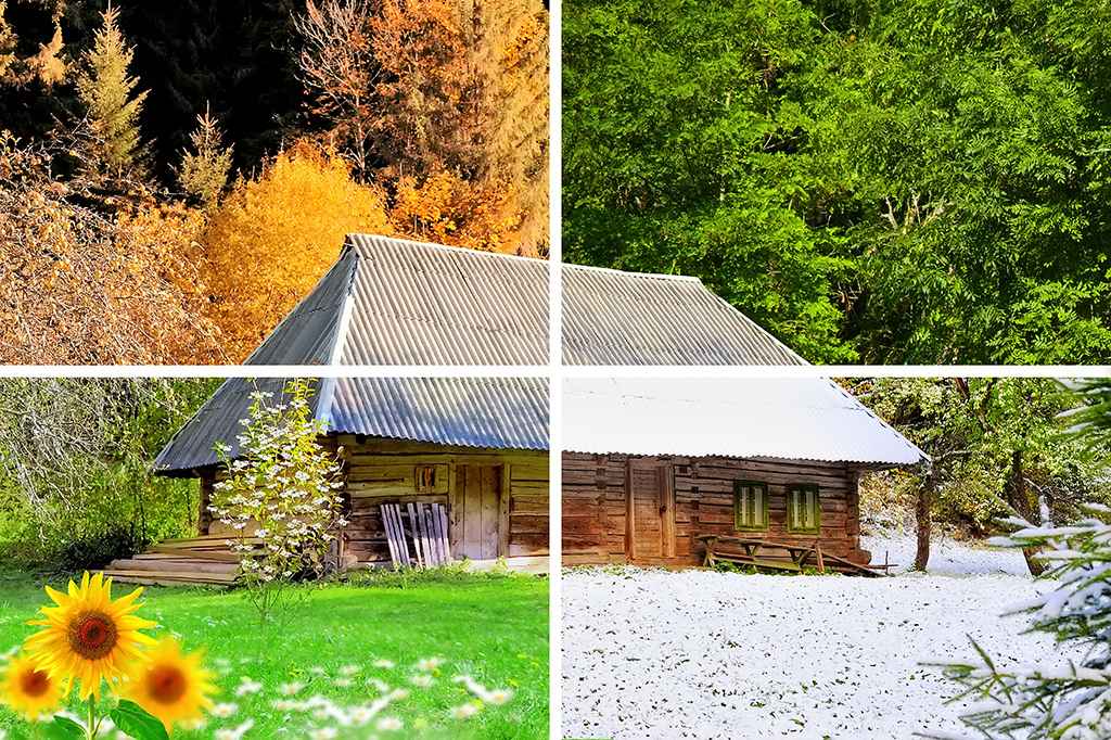 A wooden cabin in all four seasons, illustrating how contractors can maintain steady work year-round with smart seasonal marketing.