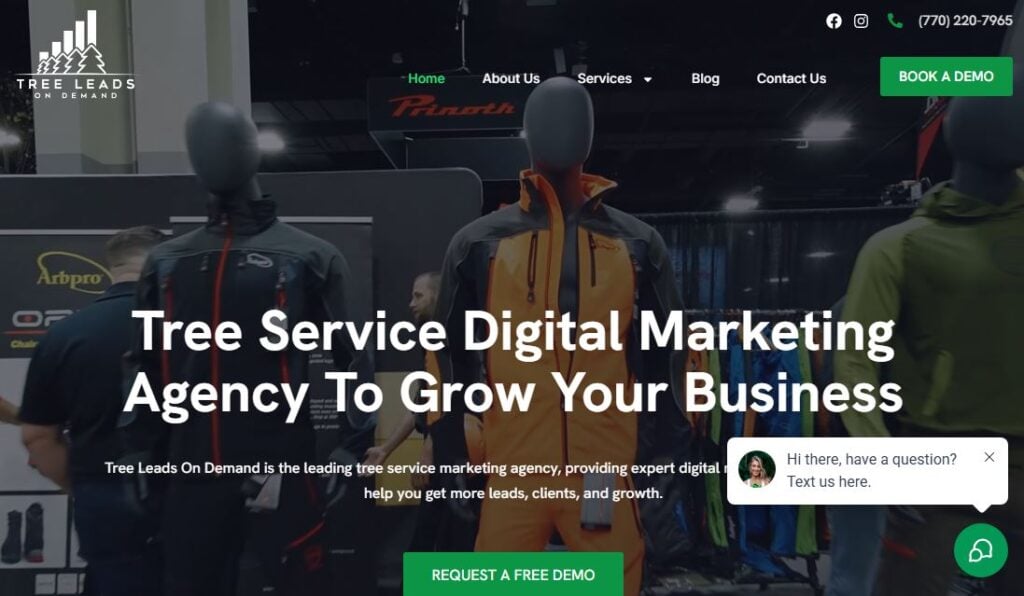 Screenshot of Tree Leads On Demand on Hook Agency’s site, featuring a trade show booth, navigation menu, and contact buttons.
