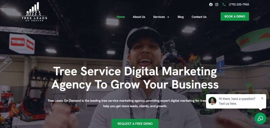 A man in a cap speaks at a tradeshow with landscaping equipment. Hook Agency's header highlights tree service marketing expertise.