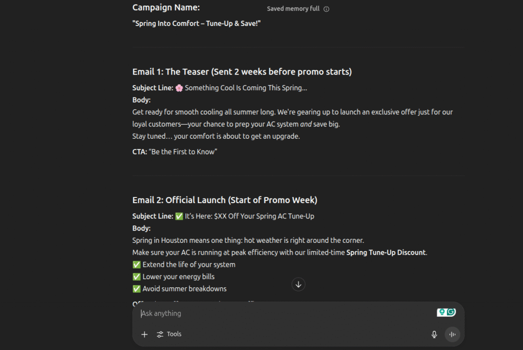 Screenshot: Email Campaign Planner for Contractor Marketing This visual displays detailed content plans for two campaign emails promoting a spring AC tune-up service: 1. The Teaser - Subject Line, Body Copy, and targeted ChatGPT prompts provided - Designed to build anticipation and interest 2. Official Launch - Subject Line, Body Copy, and tailored ChatGPT prompts included - Crafted to drive engagement and prompt bookings Each entry includes clear messaging points and emoji usage designed to boost open rates and conversions. Use this planner as a template to streamline your contractor email marketing campaigns this season.