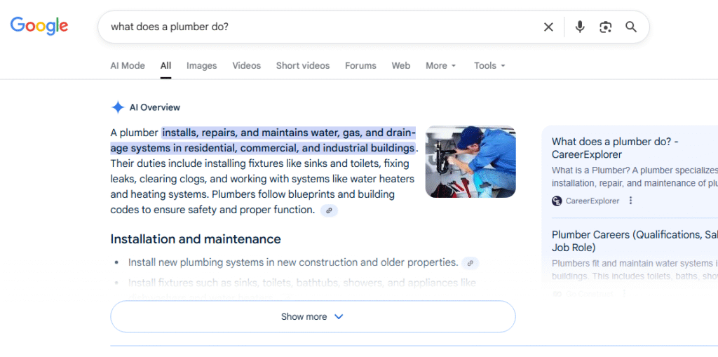 Google search for "what does a plumber do?" shows an AI Overviews box and an image of a plumber working on the right.