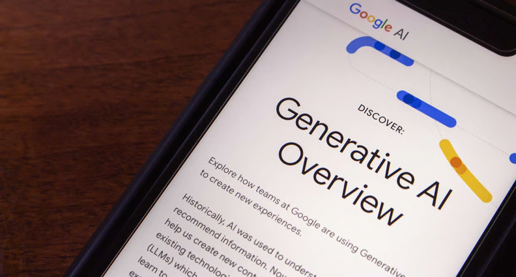 Smartphone shows Google AI's "Generative AI Overview" webpage with bold shapes, on dark wood surface, featured at Hook Agency.