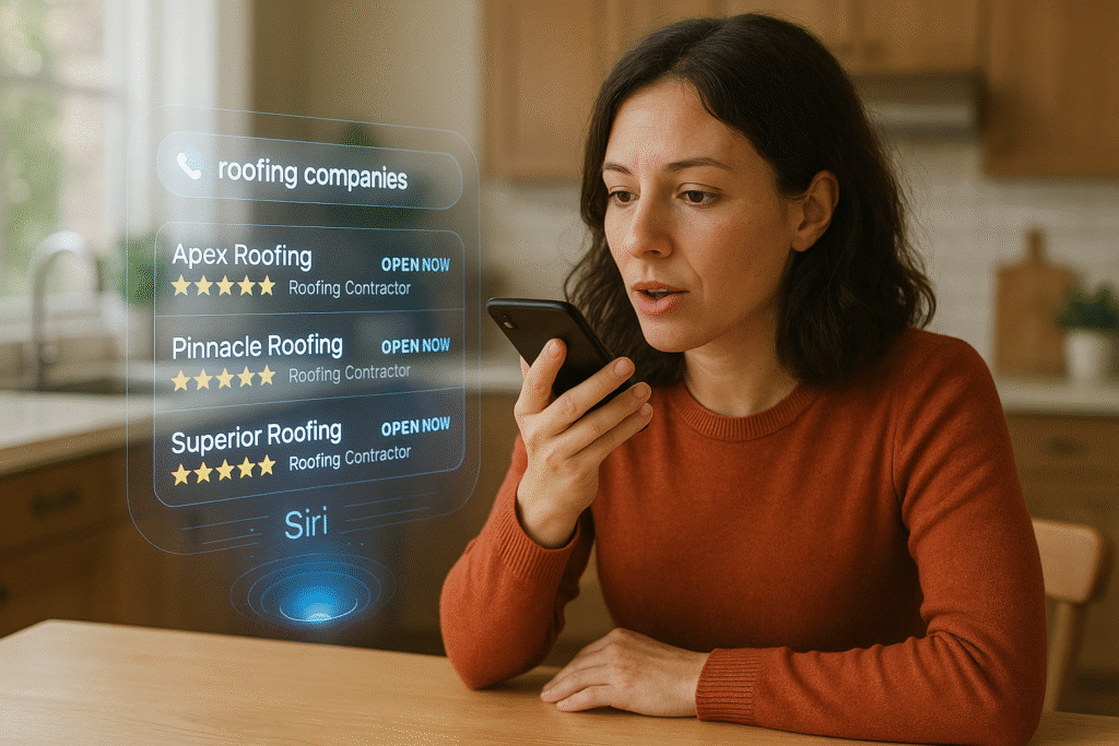 A woman sits at her kitchen table using her smartphone’s voice assistant. Thanks to answer engine optimization, search results for top roofing companies—with names and ratings—appear instantly on her screen.