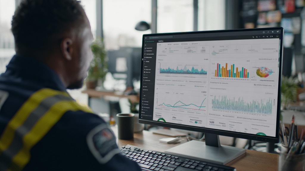 Expert analyzes SEO and marketing data on a large monitor with dashboards in a modern Hook Agency office, optimizing strategies.