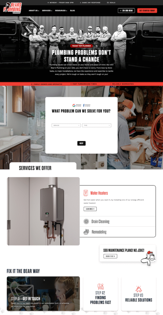 Bear’s Plumbing homepage displays uniformed plumbers by their van, a solutions search tool, service info, and easy contact options.