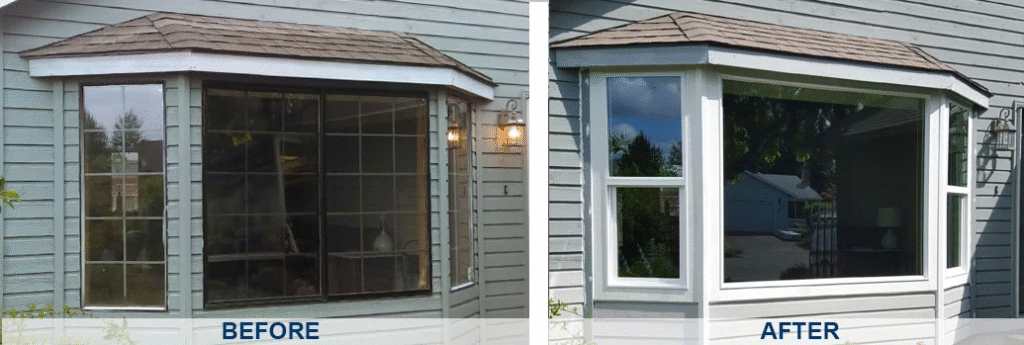 Side-by-side view of a bay window before and after renovation, highlighting a larger, modern white-framed upgrade for marketing use.