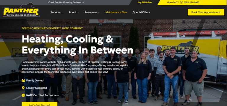 Panther Heating & Cooling team in uniform stands before branded vans; Hook Agency site shows HVAC web design in yellow and black.