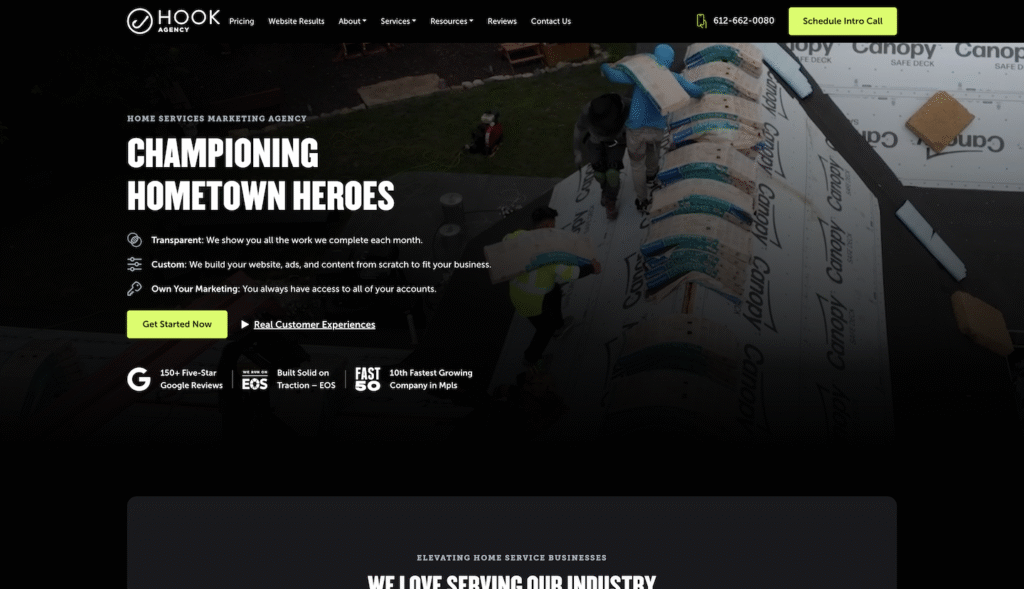 Hook Agency Homepage: Showcasing our expertise in home services marketing. The background displays roofing professionals at work, underscoring our industry experience. We highlight our proven success in plumbing marketing and display key review statistics. A prominent “Schedule Intro Call” button is located in the top right corner for immediate consultation.