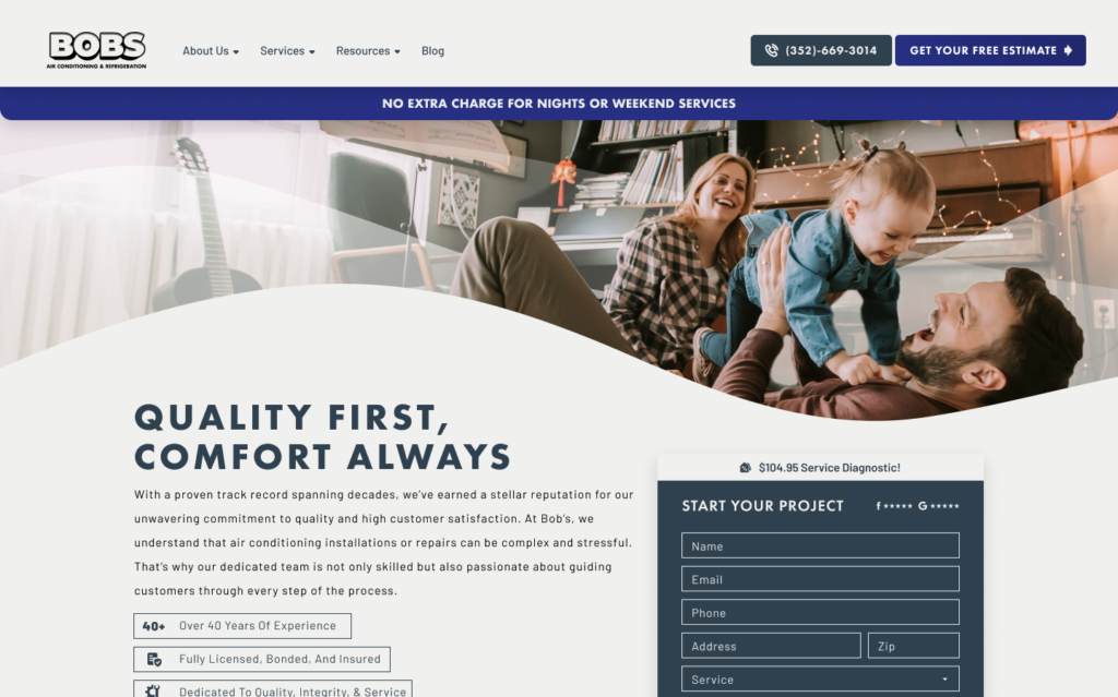 Bobs AC gray and dark blue HVAC and plumbing website design inspiration for 2025