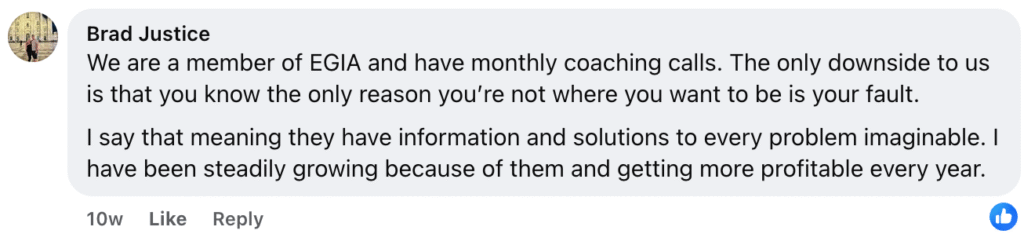 Brad Justice commends EGIA's HVAC Coaching Groups and solutions, citing significant growth, increased profitability, and greater personal accountability in achieving goals. These resources are invaluable for real contractors serious about success.