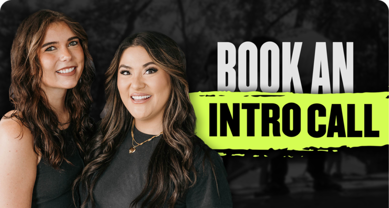 Two smiling women stand against a blurred backdrop, resembling a YouTube thumbnail. On the right, a striking green and white banner reads: "BOOK AN INTRO CALL.